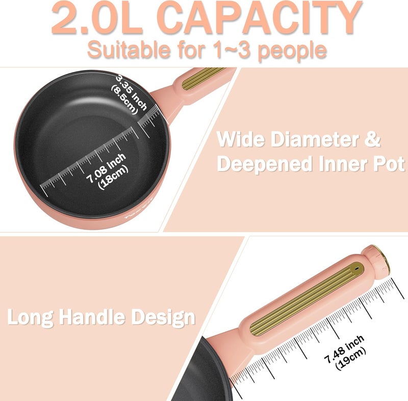 TopWit Hot Pot Electric, 𝟐𝐋 Electric Pot, Portable Non-Stick Portable Cooker, Sauté Pan for Steak, Egg, Fried Rice, Ramen, Soup with Dual Power Control (Silicone Spatula Included), Peach - Image 2